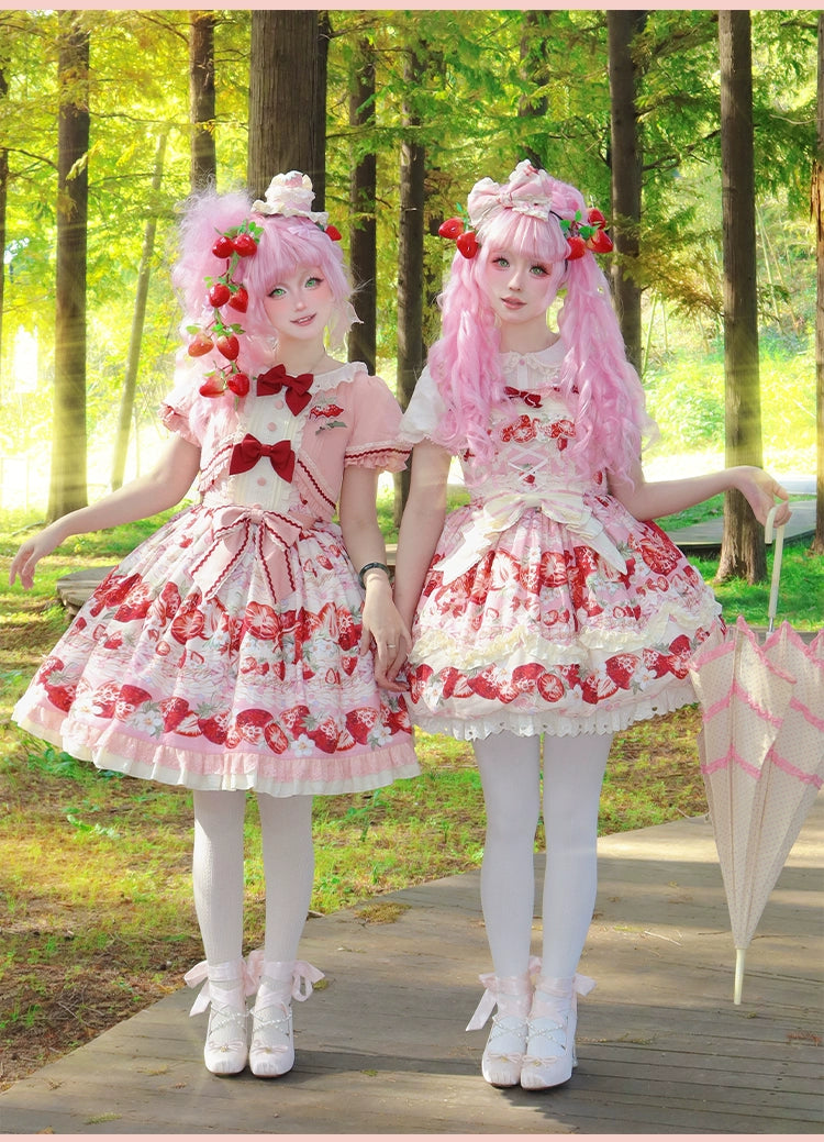 Strawberry Fantasia~Sweet Lolita OP Dress Set Puffy Skirt Long JSK and Shirt