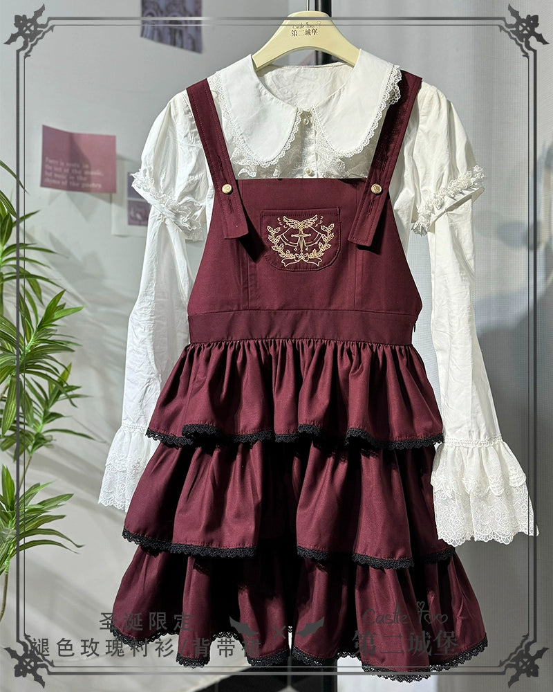 CastleToo~Christmas Limited~Ouji Lolita Suit Salopette Cape Mid-length Pants Wine Red Salopette + Detachable Bow S 