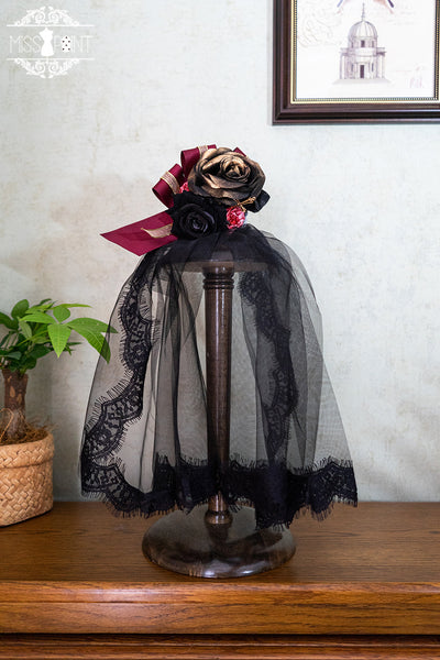 (Buyforme)Miss Point~Stripped Lolita Headband Veil Hat Clip Necklace red dual-purpose flower ball (comes with lace veil)  