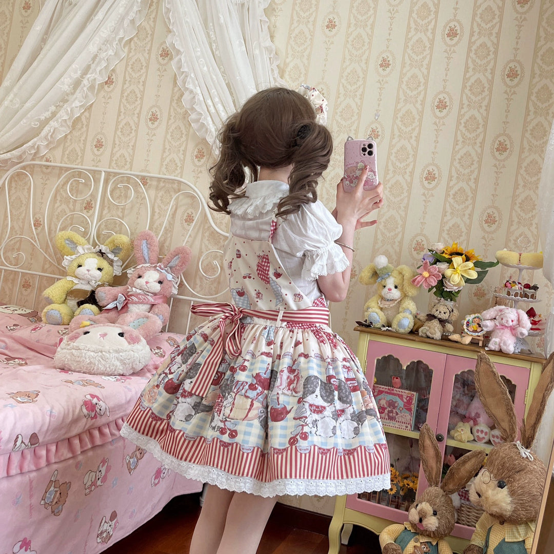 Akiyama Future Studio~Border Collie Cherry~Kawaii Lolita Salopette Cherry Print Dress