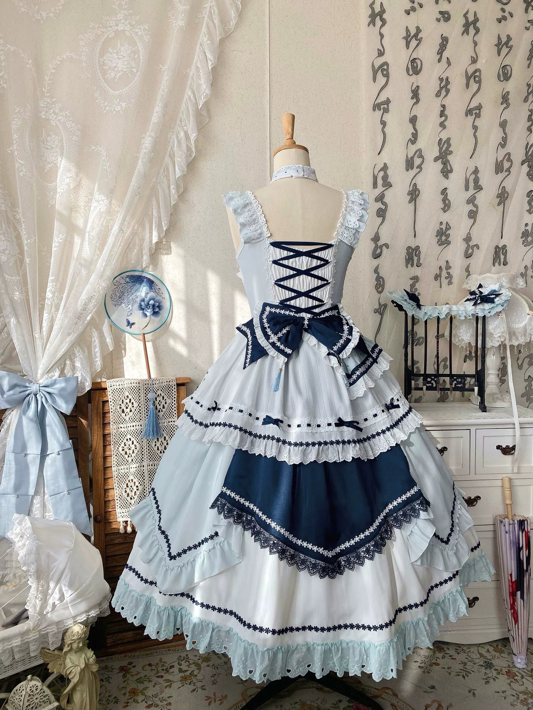 Blue and White Dream - Classic Lolita JSK Dress, Irregular Layered Hem