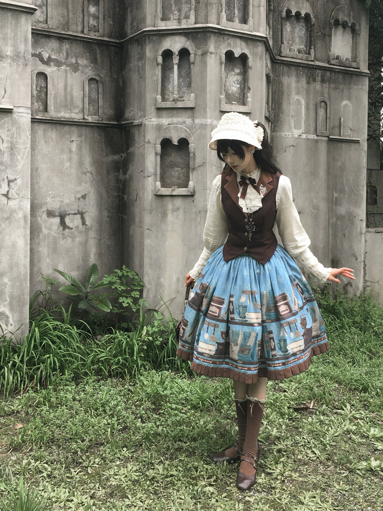 Coffee Bookshelf - Classic Lolita JSK and SK Set, Coffee Cup and Book Print 45611:856227