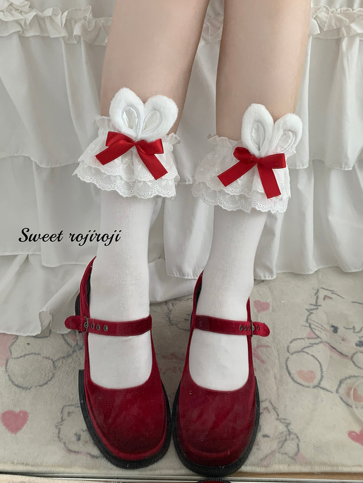 Roji roji~Cotton Lolita Bunny Ear Socks Summer Bow Short Socks Short socks (about 34cm) white ear with red bow