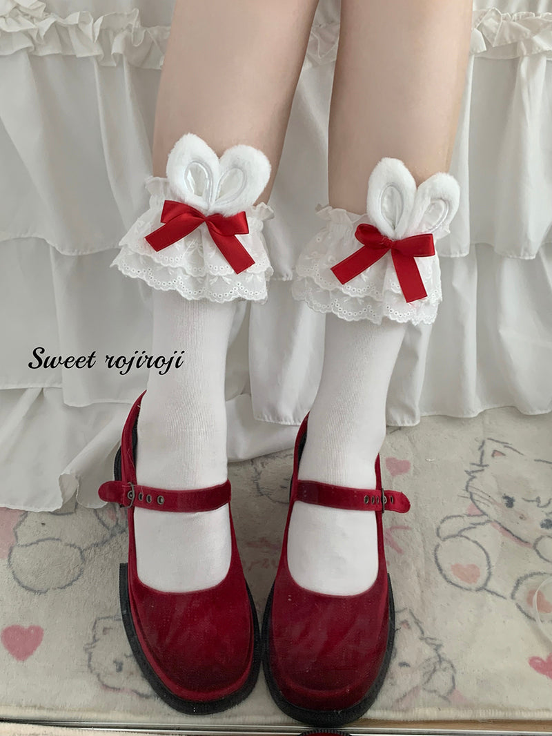 Roji roji~Cotton Lolita Bunny Ear Socks Summer Bow Short Socks Short socks (about 34cm) white ear with red bow 