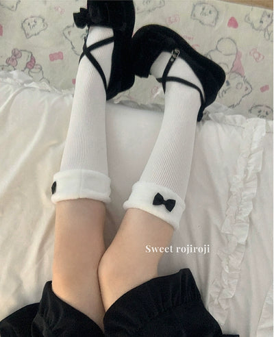 Roji Roji~Bowknot Winter Lolita Socks Fluffy Mid-Calf Lolita Socks   