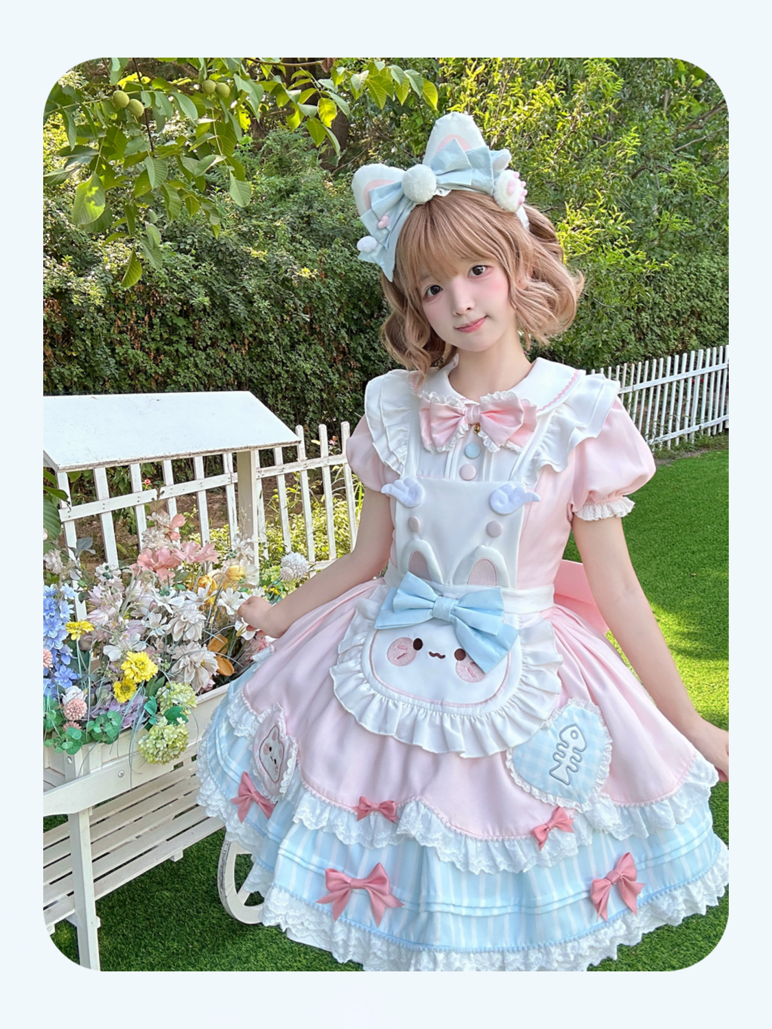 Jiuli Lolita - Nine Meow Bunny - Sweet Lolita Bunny Apron OP Dress, Back Zipper 44098:795706