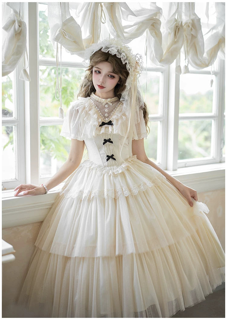 White Mist Promise - Classic Lolita Corset OP Set, Edwardian Collar & Tiered Hem 45173:838295