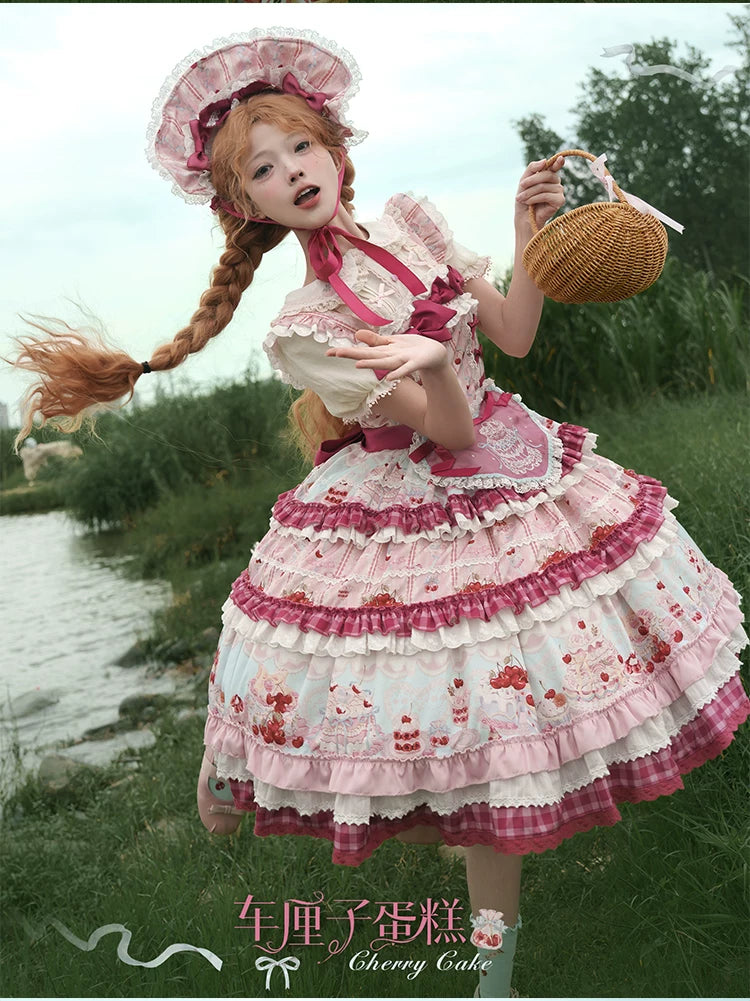 Cherry Cake - Printed Sweet Lolita JSK Dress, Embroidered Apron 44904:827153