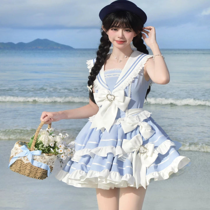 Platycodon House~Going to the Sea~Sailor Lolita OP Youth Lolita JSK Tiered Dress S Water blue JSK- sleeveless (excluding hat)