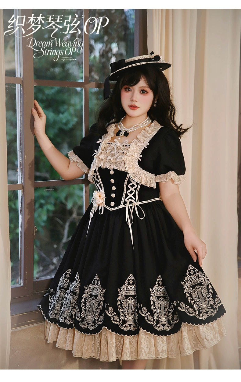Amber Realm - Dream Strings - Embroidered Classic Lolita OP Dress, Princess Sleeves (2XL L M S XL) 44349:805128