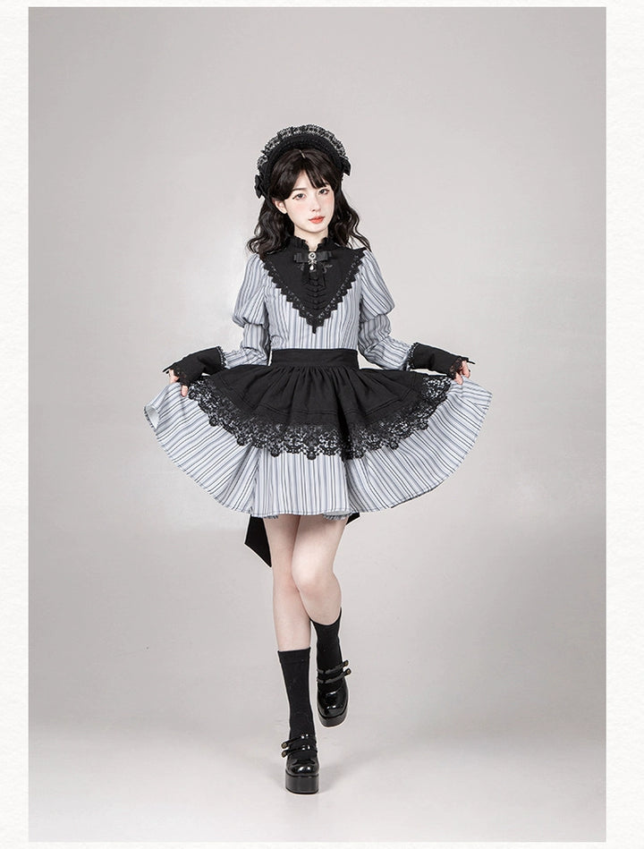 With PUJI~Nocturne SP~Striped Gothic Lolita OP Twin Lolita Dress with Apron 42192:731232