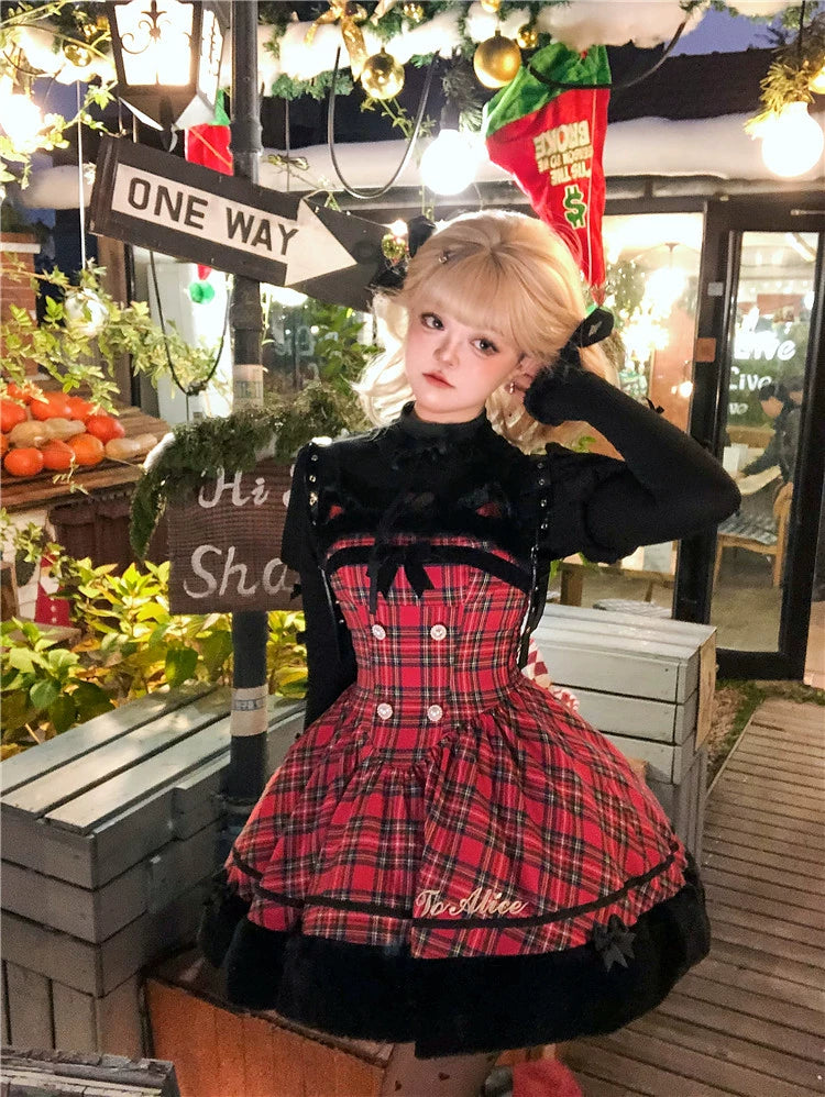 To Alice~Black Cat and Miss~Christmas Sweet Lolita Plaid Dress with Hooded Cape