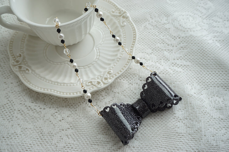 (Buyforme)Cat Tea Party~Handmade Sweet Lolita Beaded Bow Necklace black  