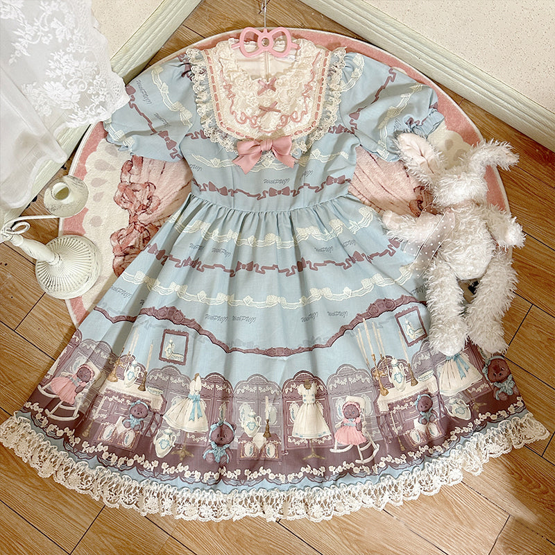 With Puji~Brown Doll House~Kawaii Lolita Brown Print JSK and OP Dress 20012:278308
