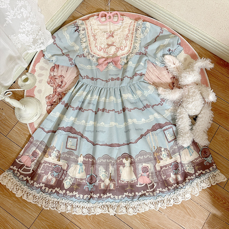 With Puji~Brown Doll House~Kawaii Lolita Brown Print JSK and OP Dress   