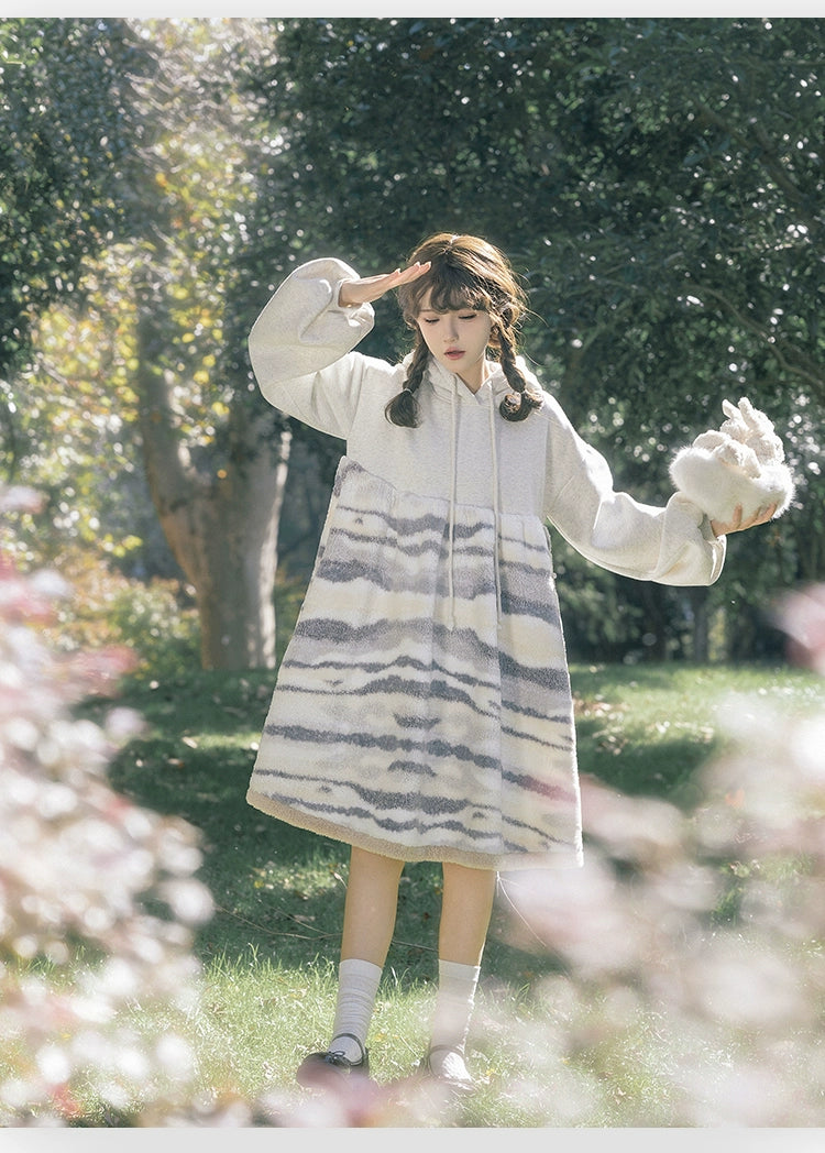 With PUJI~Bleu Rabbit~Winter Lolita OP Dress Rabbit Ear Hoodie Dress   