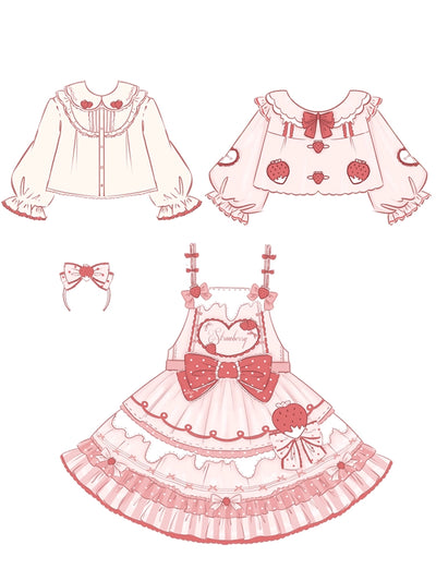 Half Sweet Lolita~Strawberry Milk Pie~Sweet Lolita JSK Dress Strawberry Set Salopette S Full set (dress + long-sleeved innerwear + coat + KC)
