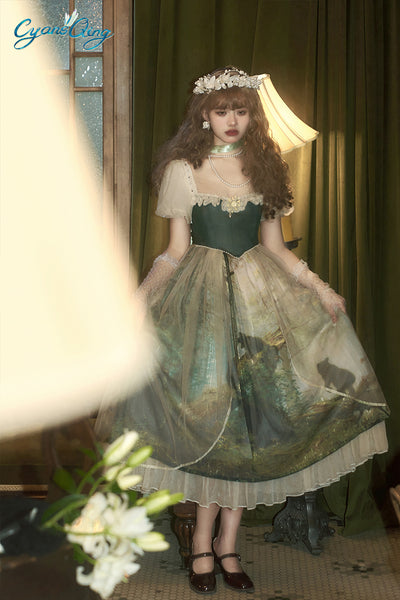 Cyan~Morning of Pine Forest~Elegant Lolita Cyan Bear Print OP   
