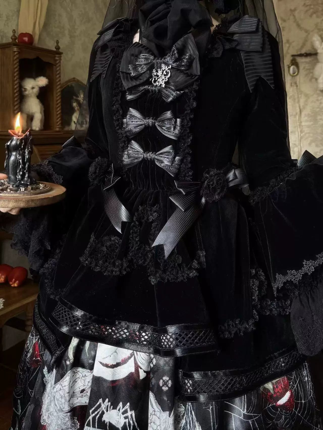 Monster Strawberry Hunt - Gothic Lolita Strawberry Printed Velvet Dress Set 45737:859895