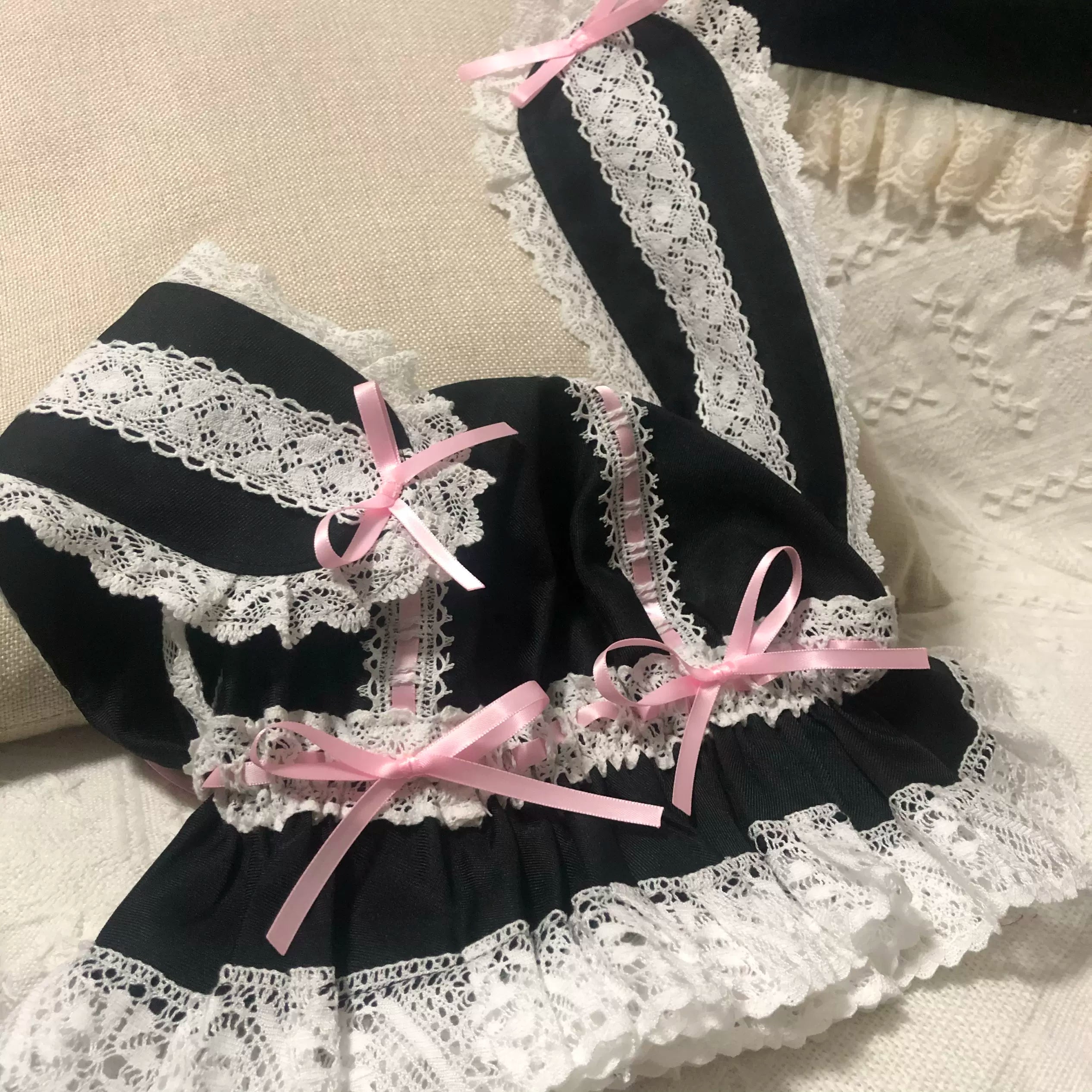 RococoHeroin - Handmade Lolita Bunny Hat Multiple Colors In stock black x pink