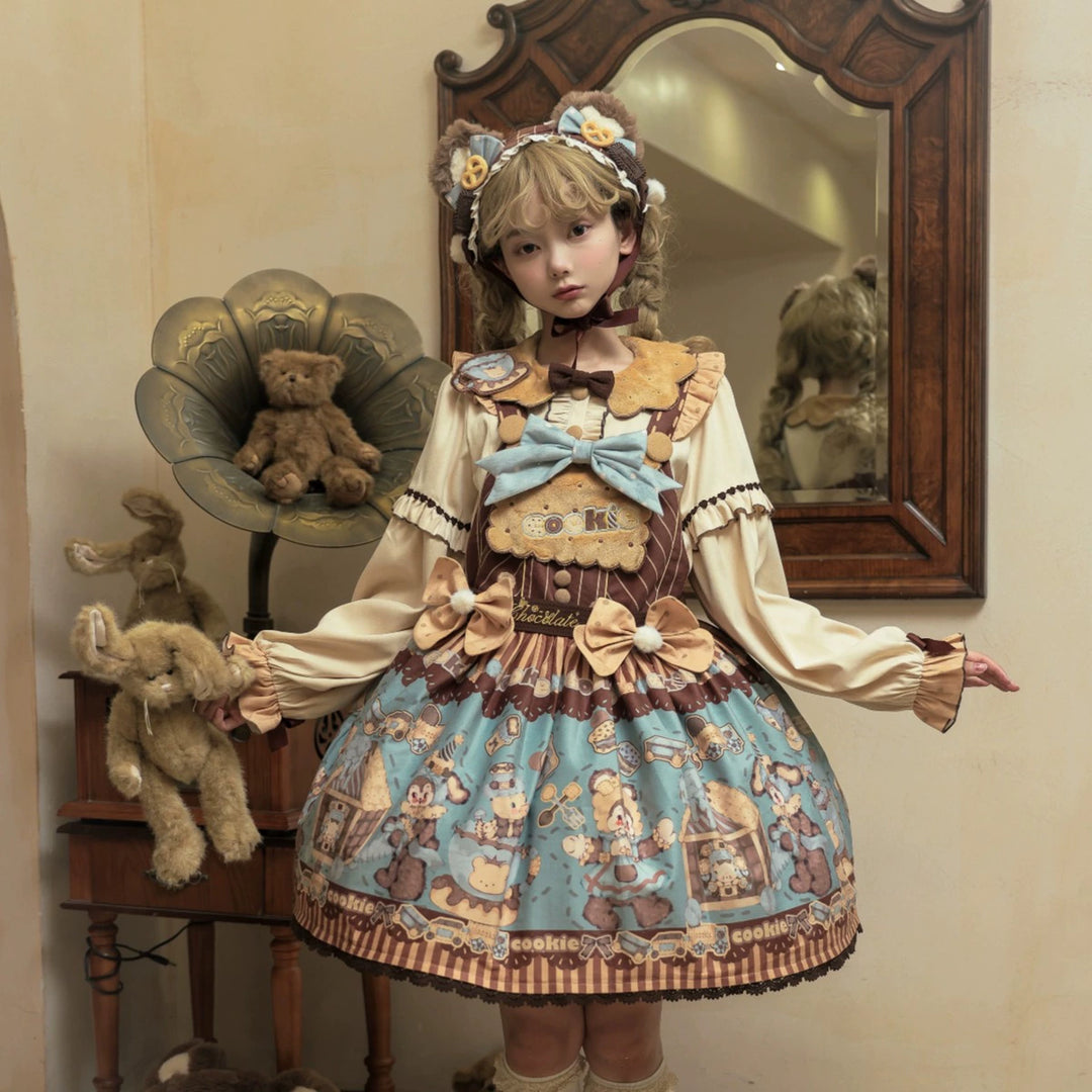 Star Fantasy~Bear Biscuit~Sweet Lolita Dress Winter Lolita OP and Salopette S Salopette Hairband Full Set-mint green color