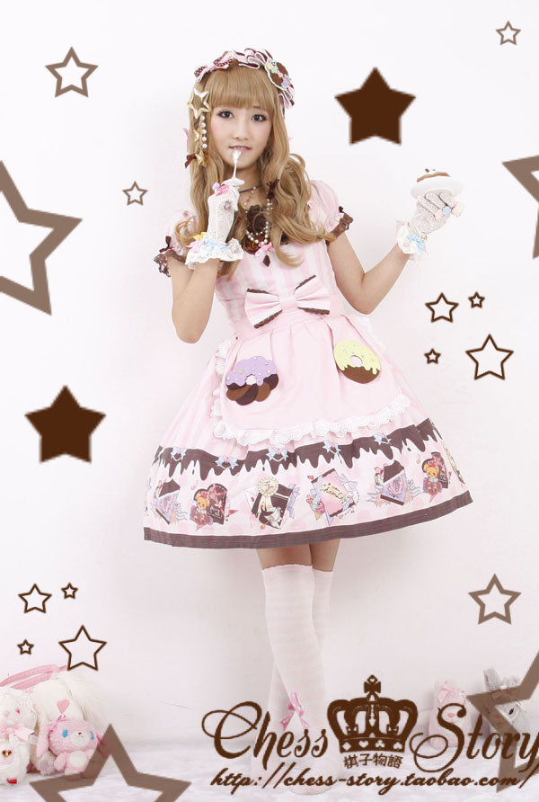 Chess Story~Chocolate Party~ Sweet Lolita Pink OP Dress S~M creamy with light pink with chocolate color 