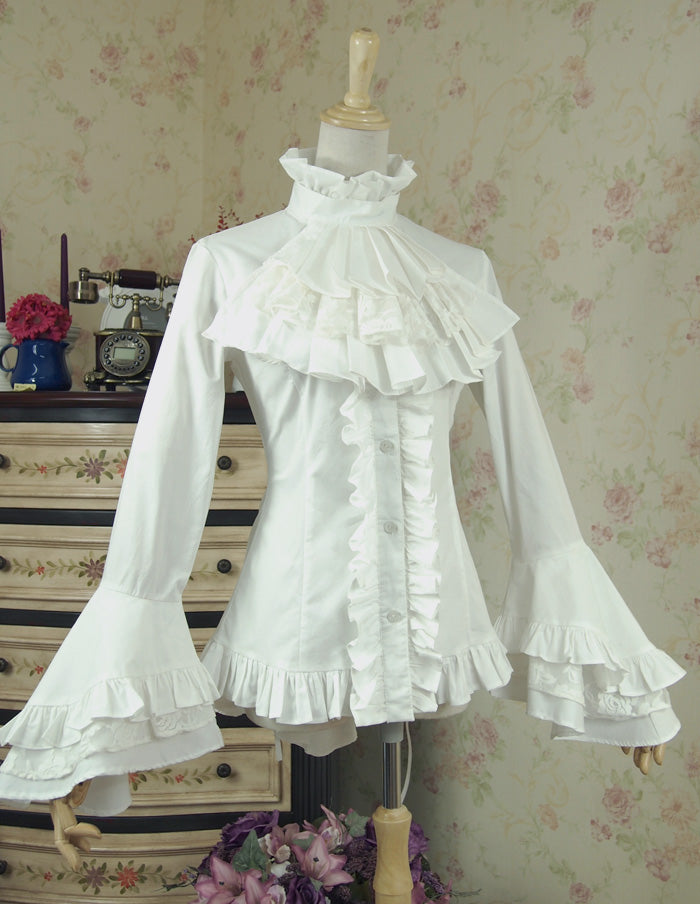 Lace Garden - Dark Angel - Gothic Lolita Shirt with Long Sleeve and Ruffled Long Tail White S