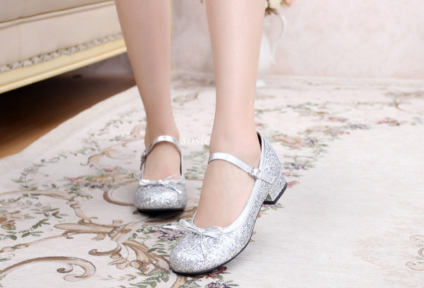 Sosic~Summer Elegant Lolita Sequin Shoes Sweet Bow Low Heel Tea Party Women's Shoes   