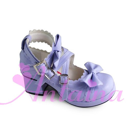 Antaina - Lolita Punk Bow Mid-Heel Multicolor Shoes 36 matte purple (heel back 4.5cm front 1cm)