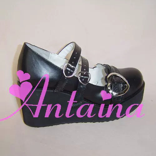 Antaina - Sweet Lolita Shoes Lace Heart Platform Shoes in Plus Size Black matte (8cm back 2.5cm front) 33 (non-returnable and no exchangeable size)