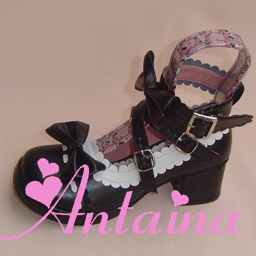 Antaina - Lolita Punk Bow Mid-Heel Multicolor Shoes 36 black white - matte (heel back 4.5cm front 1cm)