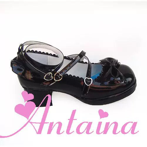 Antaina~Sweet Chunky Heels Lolita Shoes Size 41-44 41 Shining black (Heel height back 4.5 front 1) 