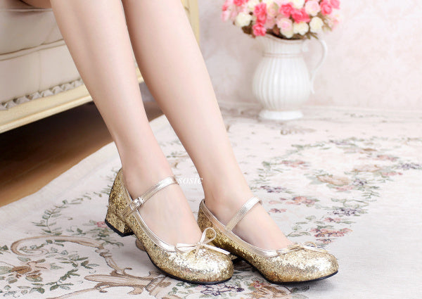 Sosic~Summer Elegant Lolita Sequin Shoes Sweet Bow Low Heel Tea Party Women's Shoes   