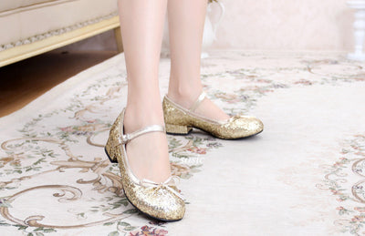 Sosic~Summer Elegant Lolita Sequin Shoes Sweet Bow Low Heel Tea Party Women's Shoes gold 34 