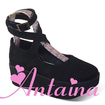 (BFM)Antaina~Punk Lolita High Platforms Shoes Lolita Ankle Strap Shoes 37 Black velvet (with a heel height of back 8, front 6) 
