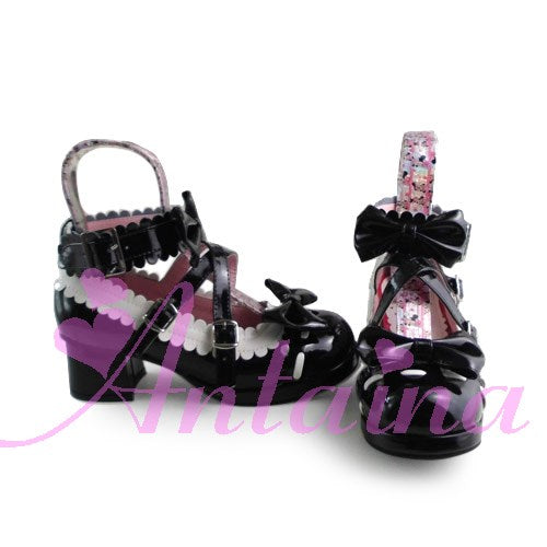 (Buyforme)Antaina~Lolita Punk Bow Mid-Heel Multicolor Shoes 36 black with white - shining (heel back 4.5cm front 1cm) 