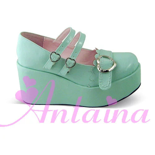 Antaina~Sweet Lolita Shoes Lace Heart Platform Shoes in Plus Size Mint shining (8cm back 4cm front) 33 (non-returnable and no exchangeable size)