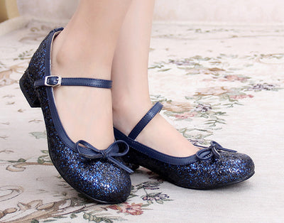 Sosic~Summer Elegant Lolita Sequin Shoes Sweet Bow Low Heel Tea Party Women's Shoes dark blue 34 