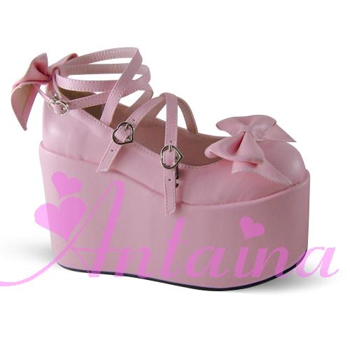 (Buyforme)Antaina~Lolita Bow Platform Shoes Multiple Colors 34 pink matte (heel height back 7cm front 4cm) 