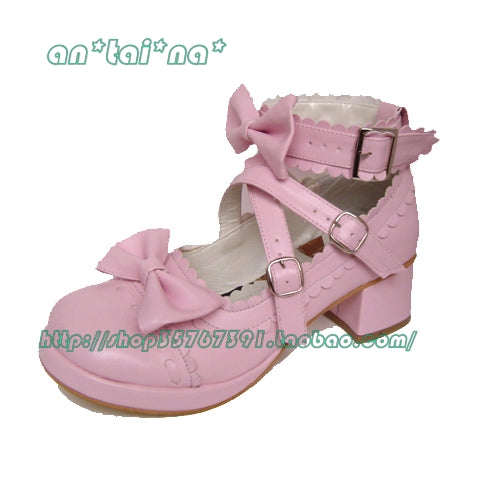 Antaina - Lolita Punk Bow Mid-Heel Multicolor Shoes 36 matte pink (heel back 4.5cm front 1cm)