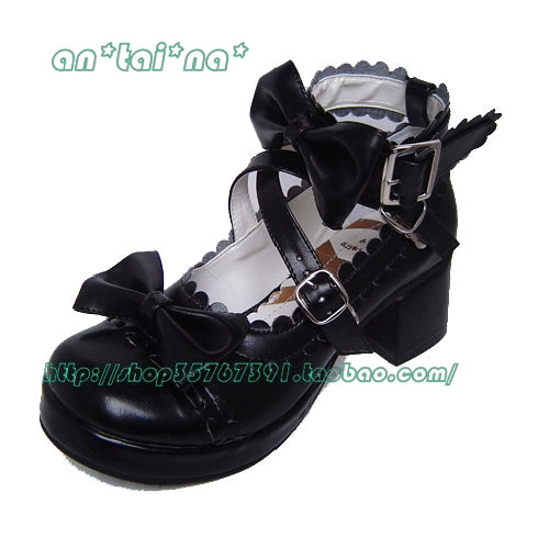 (Buyforme)Antaina~Lolita Punk Bow Mid-Heel Multicolor Shoes 36 matte black (heel back 4.5cm front 1cm) 