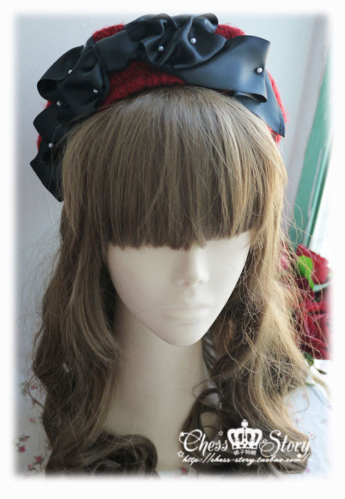 Chess Story~Cutie Ribbon~Sweet Lolita Woolen Twisted Bow Lolita Beret black red S (54-56cm) 