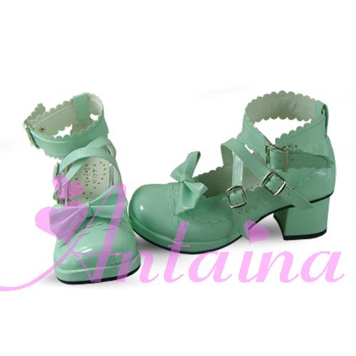 Antaina - Lolita Punk Bow Mid-Heel Multicolor Shoes 36 mint green-shining (heel back 4.5cm front 1cm)