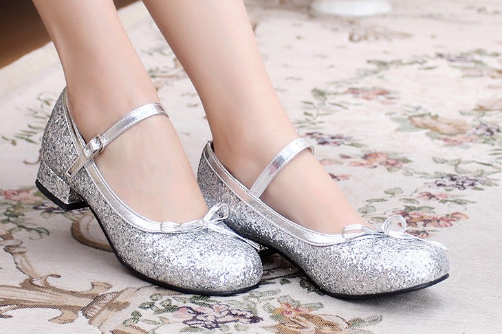 Sosic~Summer Elegant Lolita Sequin Shoes Sweet Bow Low Heel Tea Party Women's Shoes silver 34 