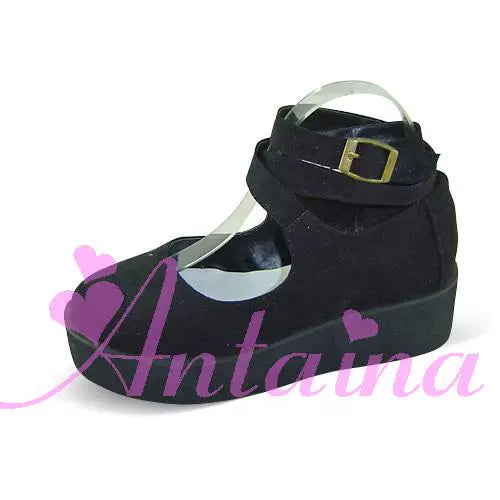 (BFM)Antaina~Punk Lolita High Platforms Shoes Lolita Ankle Strap Shoes 37 Black velvet (with a heel height of back 5, front 3) 
