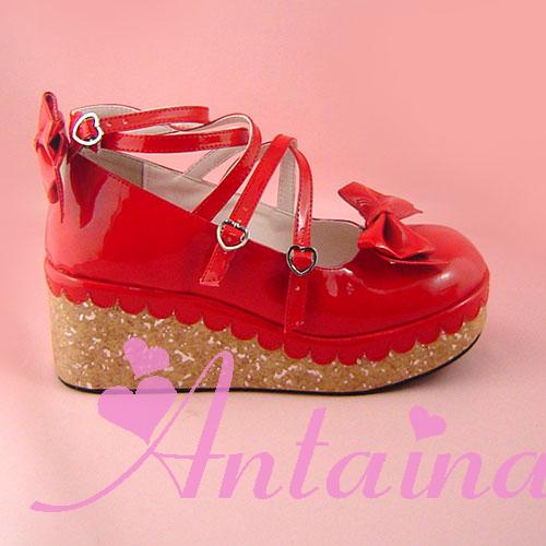 (Buyforme)Antaina~Lolita Bow Platform Shoes Multiple Colors 34 red shining shoes double color sole (heel height back 7cm front 3cm) 