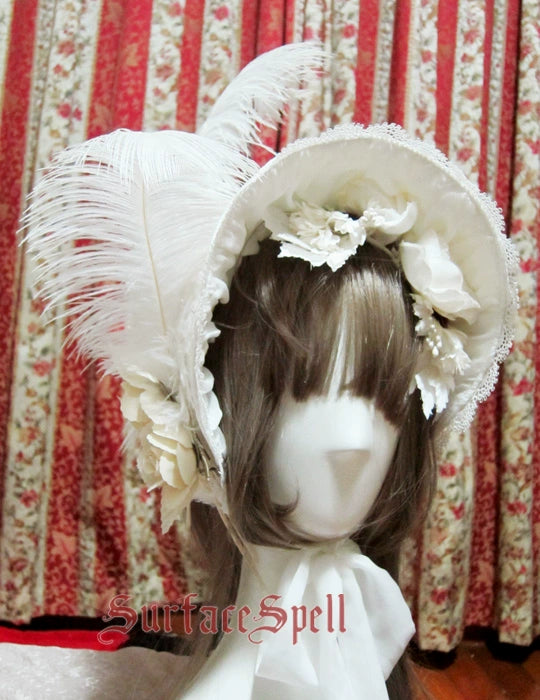 Surface Spell~Gothic Lolita Half Bonnet Beautiful Feather Lolita Hat White  