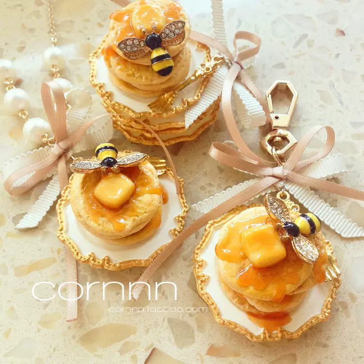 Cornnn~Lolita Accessory Set Butter Honey Pancakes with Bee Necklace Brooch and Keychain Brooch  