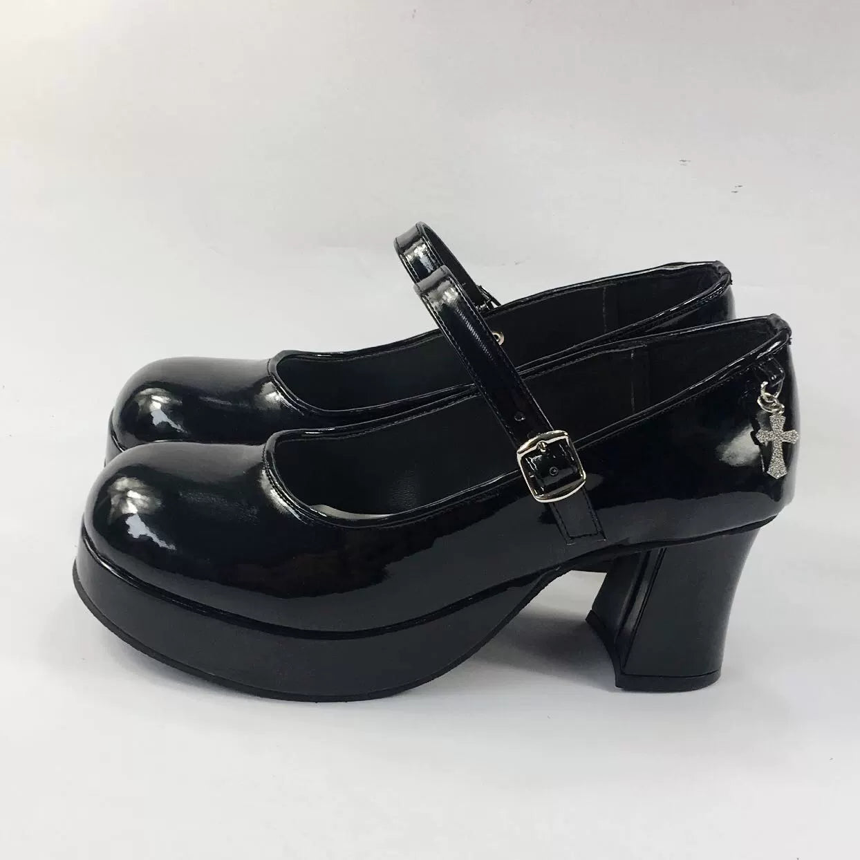 (BFM)Antaina~Punk Lolita Heels Shoes Metal Cross Horseshoe Heel Shoes Black(front 3cm/ back 7.5cm ) 30 