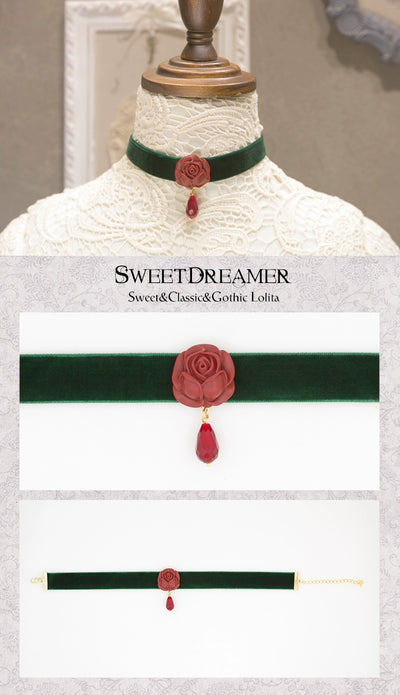 SweetDreamer~Little Prince Rose~Elegant Lolita Choker Velvet Rose Necklace Dark green velvet choker  
